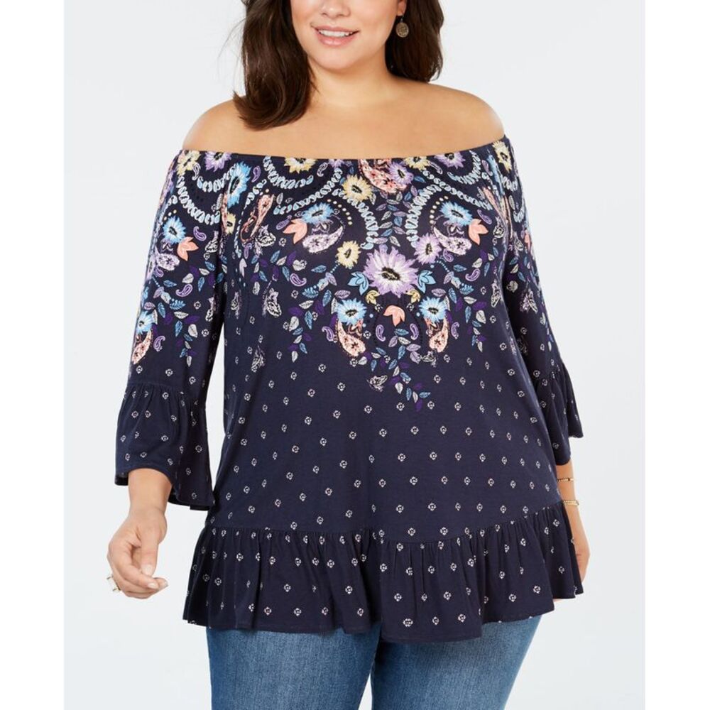 Style & Co Plus Size Mixed Print Off The Shoulder Top